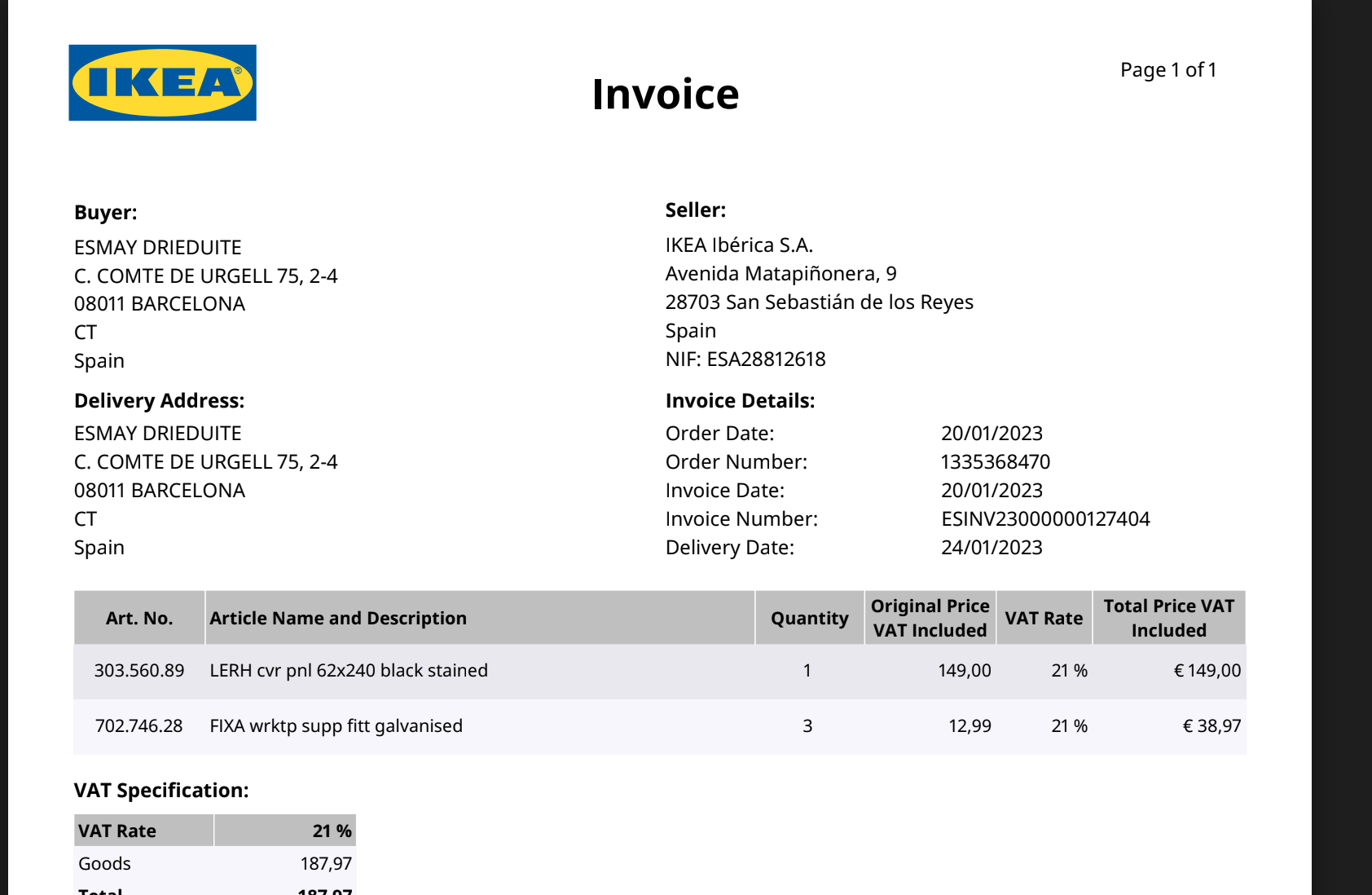 Opened invoice file after search