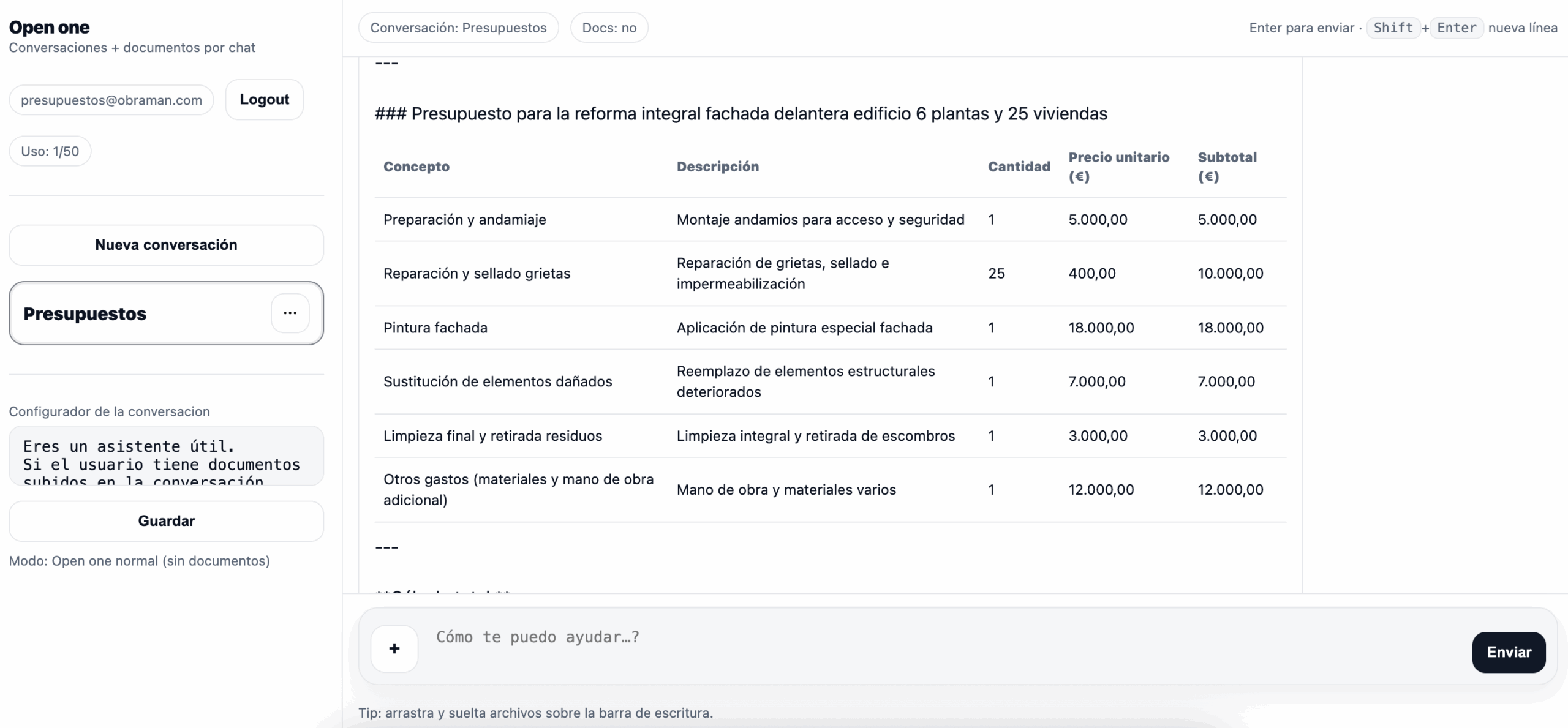 Programa de presupuestos con inteligencia artificial alternativa a Excel