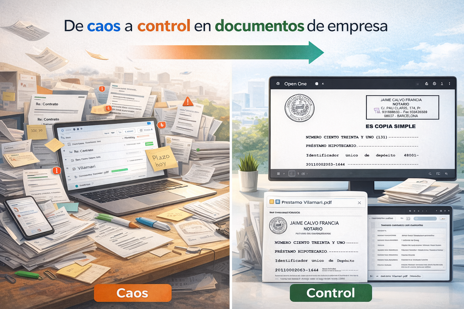 Comparativa de caos documental vs control con Open One
